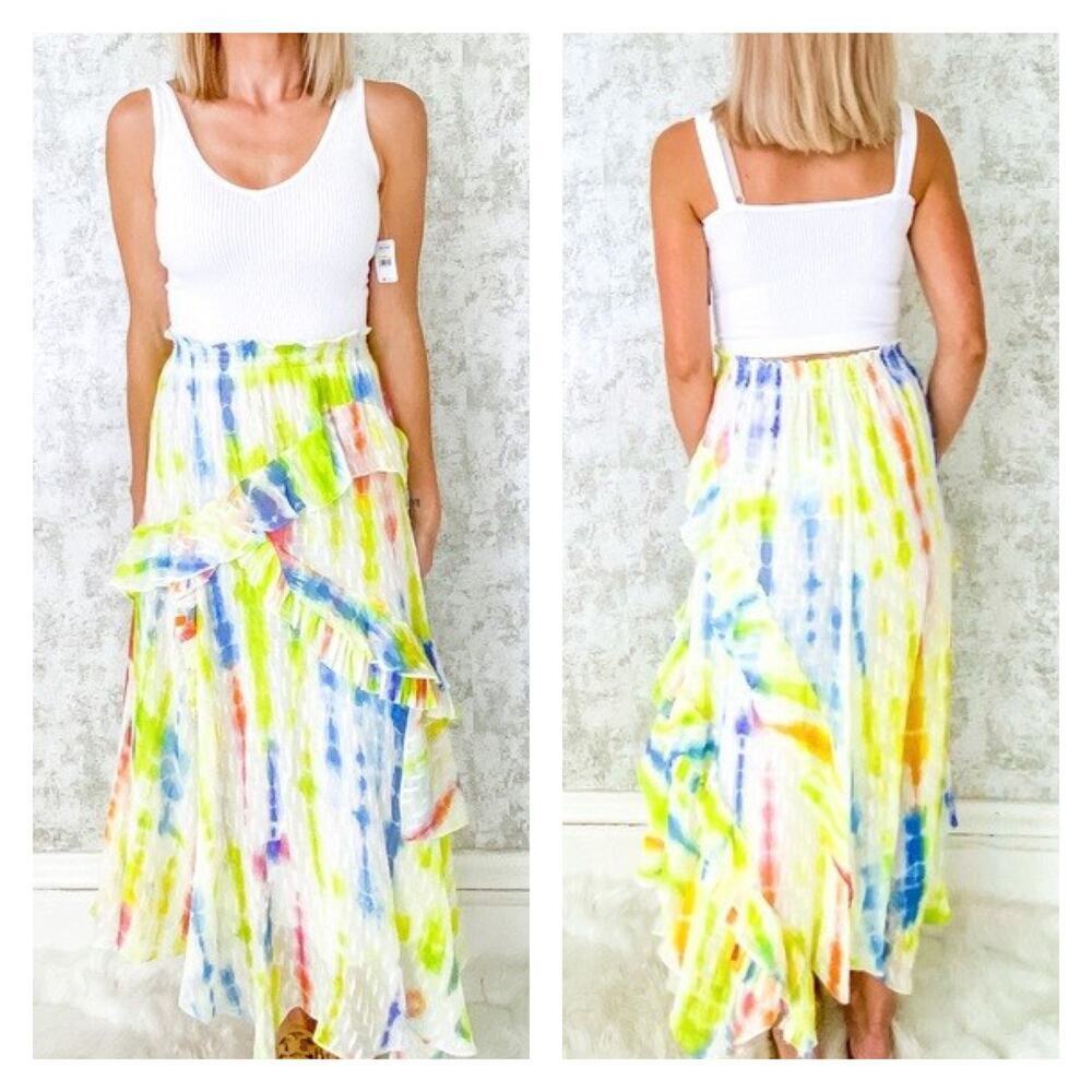 Tanya Taylor Teresa Tie Dye Asymmetrical Silk Blend Midi Skirt Size 8